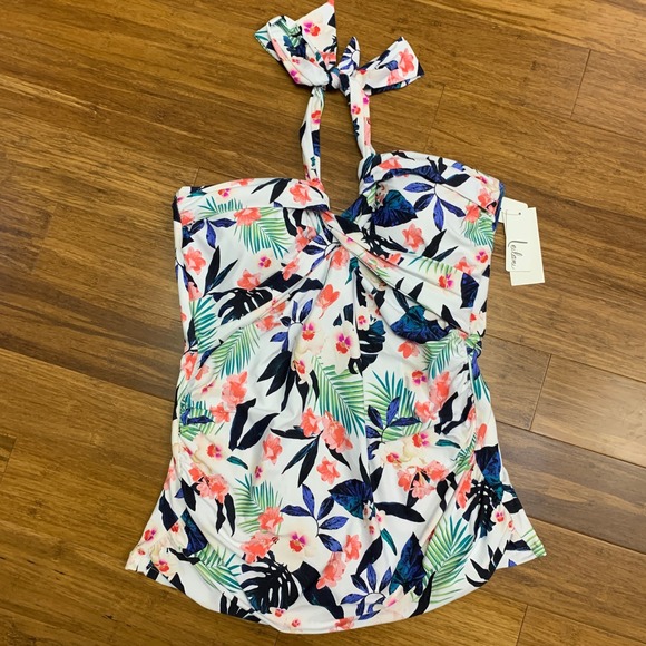 Leilani Floral Tankini Top Women Size 16 Swimsuit Ruched Halter White Pink Green - Picture 1 of 6
